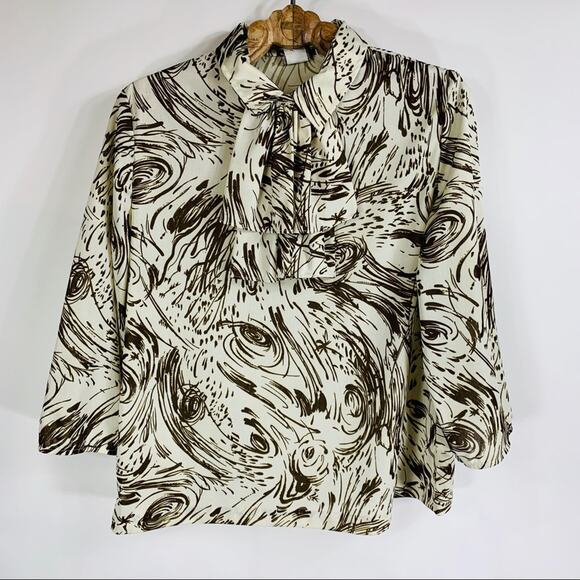 Vintage Ruffle Neck 70s Blouse Sz Medium Brown Cream - Picture 6 of 9